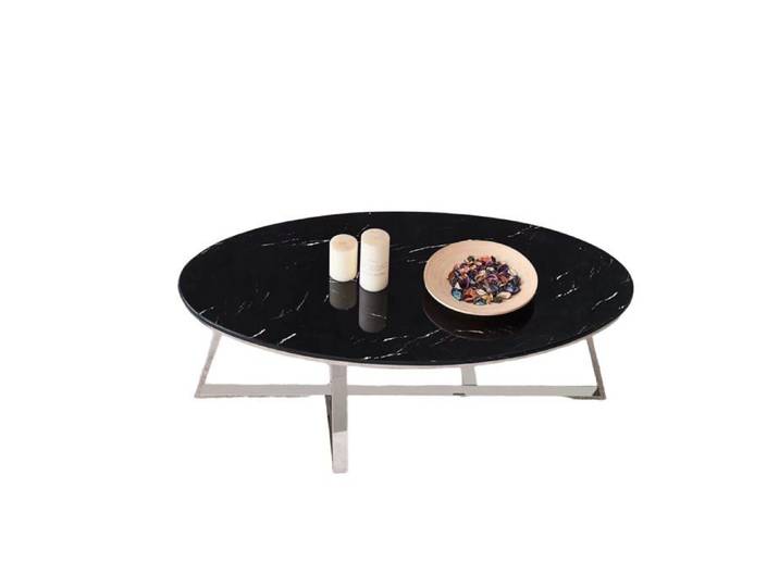Table Basse Ovale GAMMA Plateau Granite Effet Marbre Noir Pieds Chrome 120x60x45cm