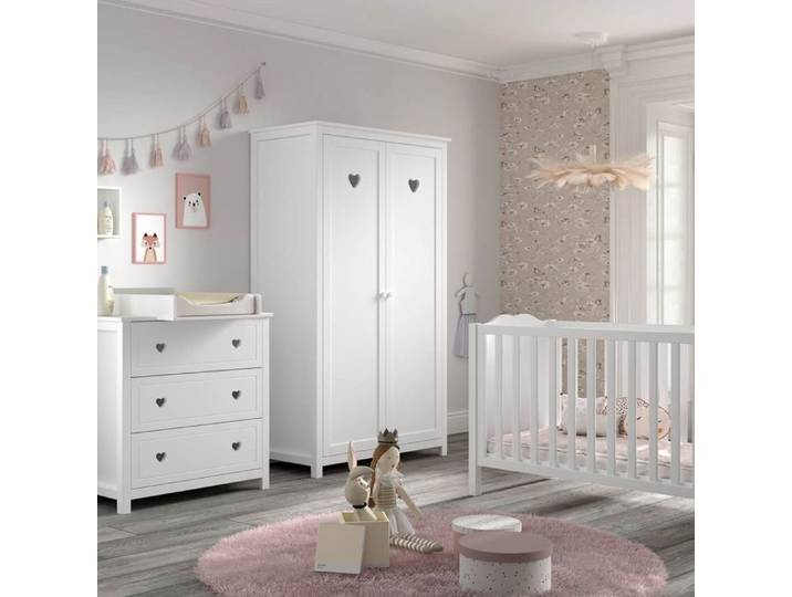 MILADY - Chambre bébé avec Armoire 2 Portes Commode et Plan à langer laqué Blanc