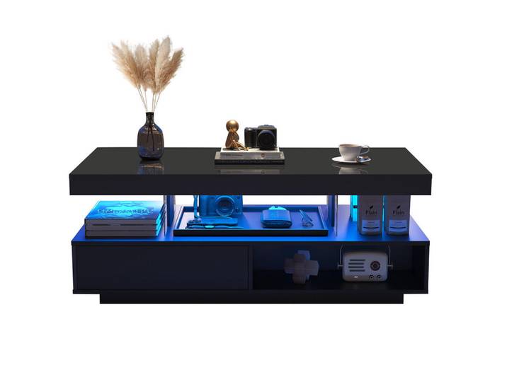 Flieks Couchtisch 95x50cm Schwarz Hochglanz 4 Glasplatten 2 Schubladen 2 Fächer, Holz, 59x17.5x103.99 cm, Wohnzimmer, Wohnzimmertische, Couchtische