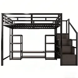 MODFU Hochbett aus Metall und MDF, Schwarz, 140x200 cm, mit TV-Ständer und Steckdose