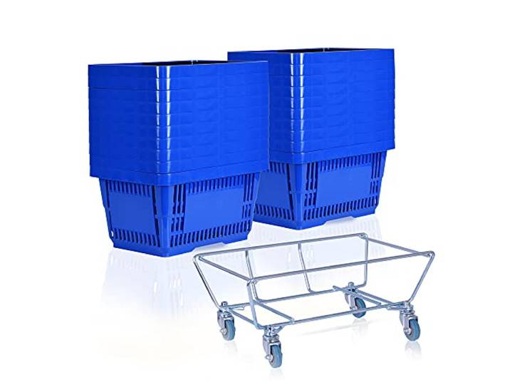 goodsforbusiness Sammelwagen + 20 Einkaufskörbe blau Korbstapelwagen 22 Liter Rollwagen für Kunststoffkörbe Korbwagen stabil Einkaufskorbwagen
