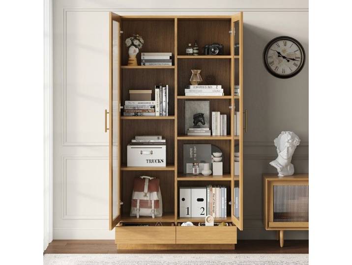 Vitrine de rangement portes vitrées et tiroirs push-to-open - ELVMI - étagères décalées bois naturel 80 × 40 × 160 cm