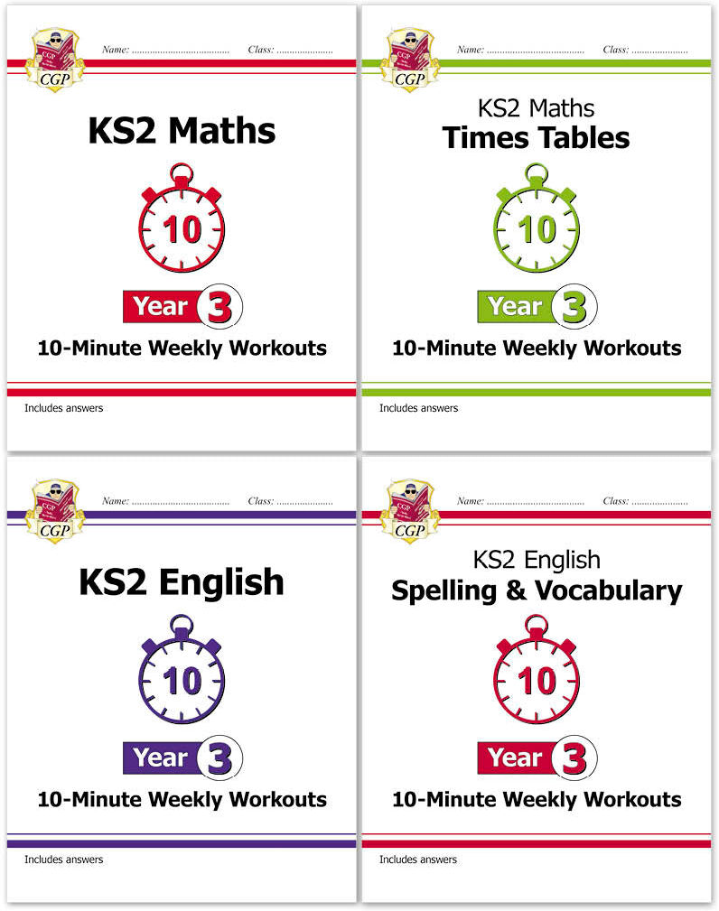 CGP Books CGP KS2 Year 3 10-Minute Weekly Workout Bundle – Ages 7-8 (Maths, English, Times Tables, Spelling and Vocabulary)