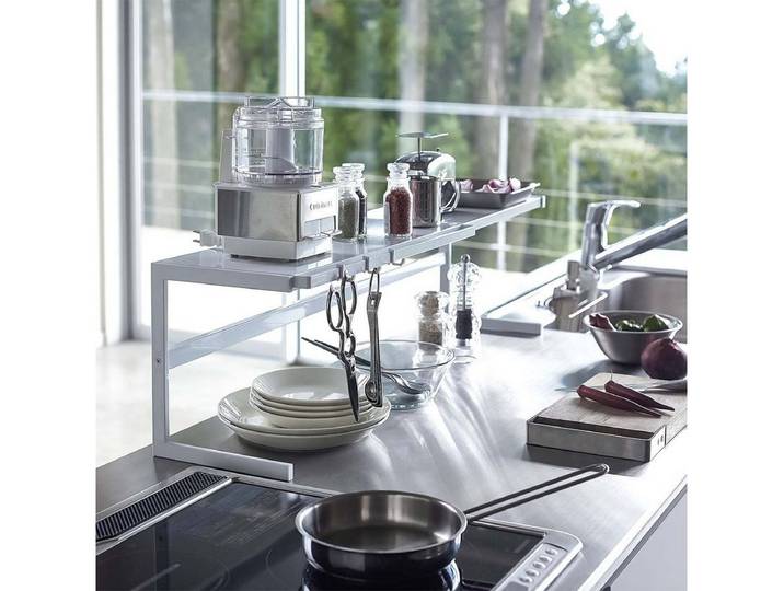 Yamazaki Küchenregal Tower Regal Küche Metall 54 bis 92cm ausziehbar schmal platzsparend, platzsparend, Metallregal für mehr Platz in der kleinen Küche, mit 3 Aufhängehaken