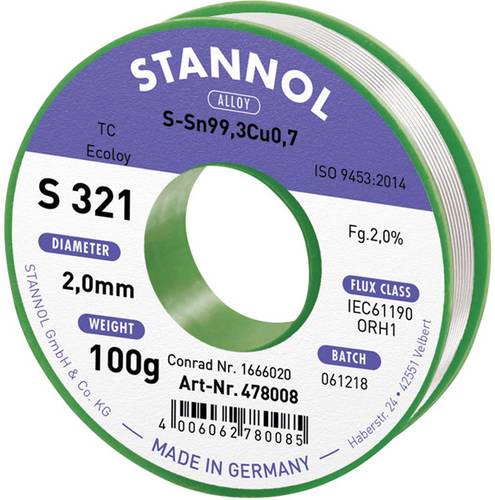 Stannol S321 2,0% 2,0MM SN99,3CU0,7 CD 100G Lötzinn, bleifrei bleifrei, Spule Sn99,3Cu0,7 ORH1 100g 2mm