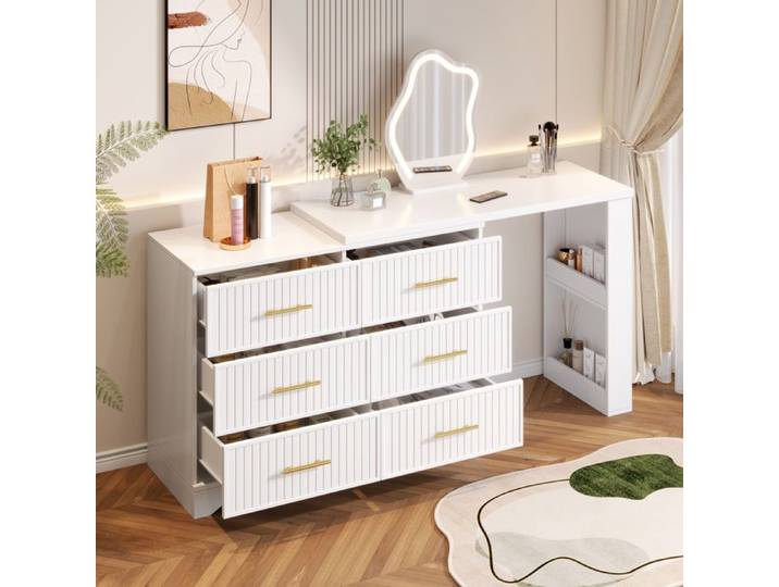VUENOR Coiffeuse pivotante 110x40x129 cm blanche et dorée – LED 3 couleurs