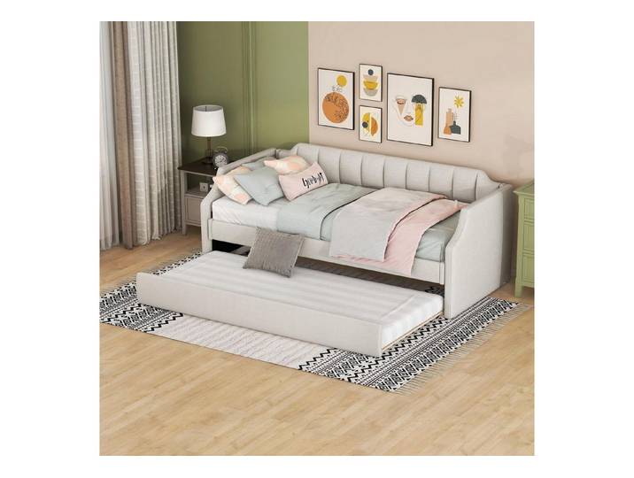 LuxusKollektion Polsterbett Tagesbett 90x200cm mit Rollbett Leinen Beige