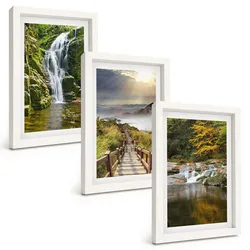 BILDER SET 3er Set - 20x30 cm Weißer Rahmen - Wasserfälle, Berge, Wolken, Herbst