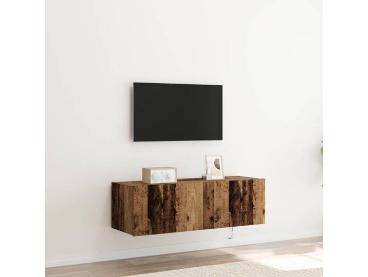 Meuble TV - Bois ancien - 100x35x31 cm - Éclairage LED - 2 portes