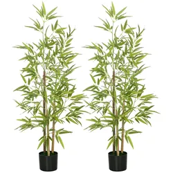 HOMCOM Bambus-Kunstbaum 2er-Set, 3 Stämme, pflegeleicht, 120 cm, Zementtopf, Grün