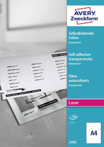 Avery-Zweckform 3480 Selbstklebefolie DIN A4 Farblaserdrucker, Laserdrucker, Farbkopierer, Kopierer Transparent 100St.