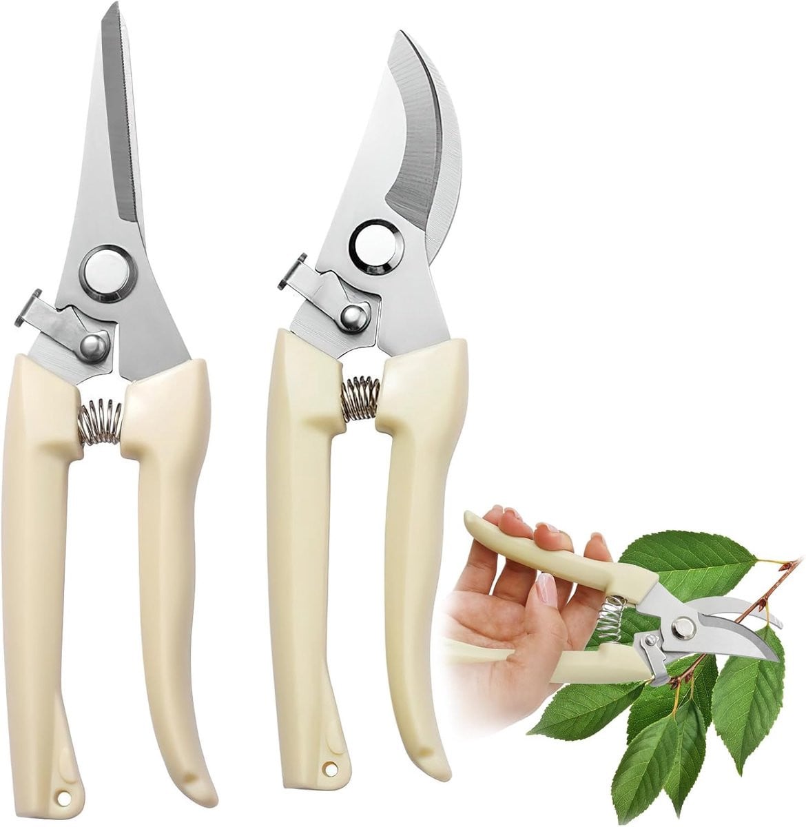 Famanu Tuinschaarset van 2 stuks - RVS snoeischaar en mini-plantenschaar - Beige