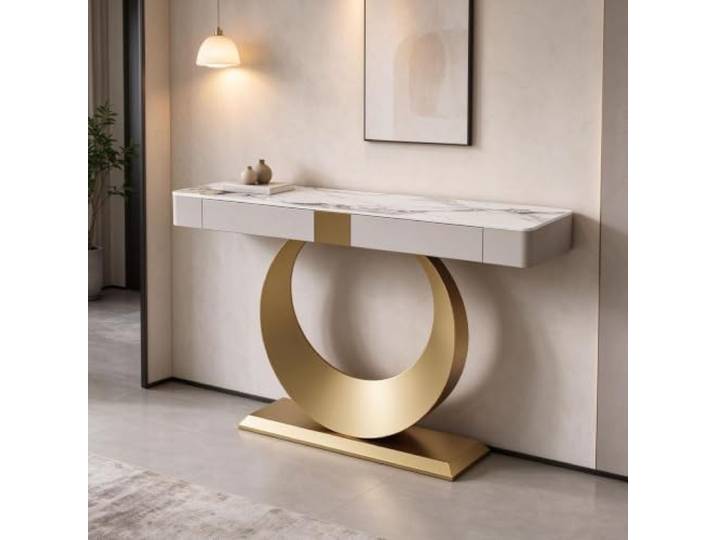 Moderner Konsolentisch mit Schubladen, Luxus Flurtisch mit Halbmond-Gestell Zeitgemäßer Sofatisch in Marmor-Optik und Schmaler Eingangstisch für Wohnzimmer und Diele(Gold 2,L80cm/31.4'')