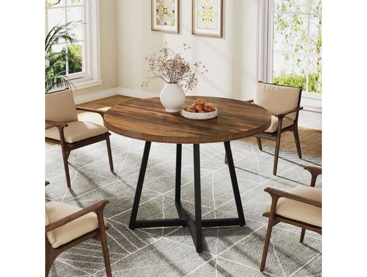 Table de salle à manger ronde pour 2-4 personnes- table de cuisine industrielle avec base en métal-petite table - marron