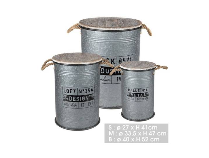 Lot de 3 tables d\'appoint bidons vintage en métal  Loft & Metal  - Argenté - D 27/33 5/40 x H 41/47/52 cm