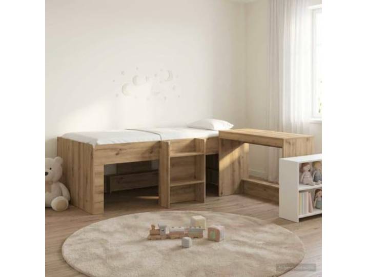 RJPLMFV Hochbett für Kinder, Schreibtisch, integriert, 2-teilig, Eiche Holz, Lattenrost, modernes Design, einfache Montage