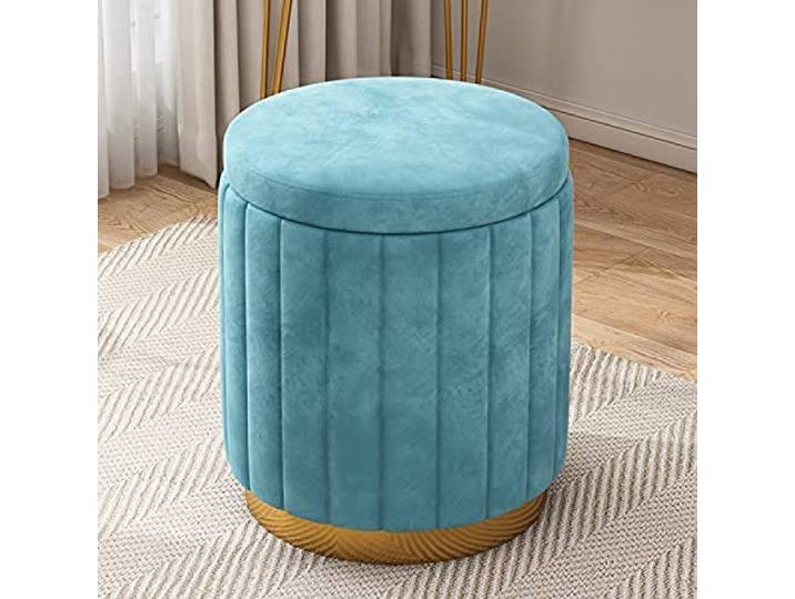 IXMLDAXD Der Stuhl, Large Velvet Storage Ottoman - Upholstered Foot Rest Stool with Gold Base for Vanity or Living Room(Blue)