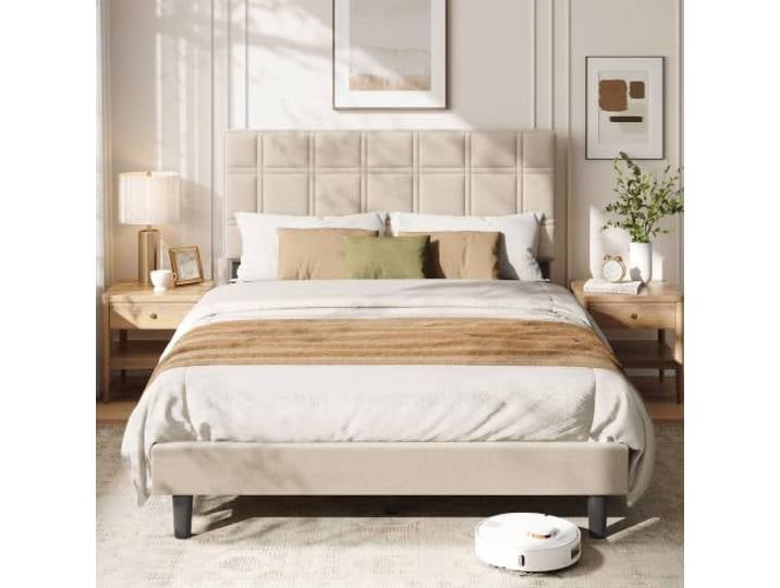 VASAGLE Bettgestell 140 x 200 cm, Polsterbett mit Kopfteil Metallbett 140 x 200 cm, Holzlatten, Geräuschlos, Schlafzimmer, Cappuccinobeige, MAZEY Kollektion RMB184L101