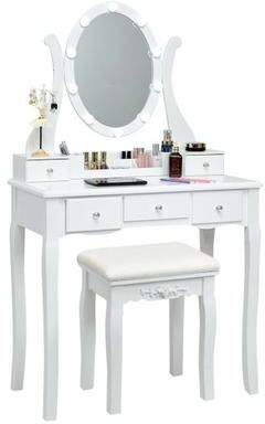 Costway 10 Dimmable Lights Vanity Table Set with Lighted Mirror and Cushioned Stool-White