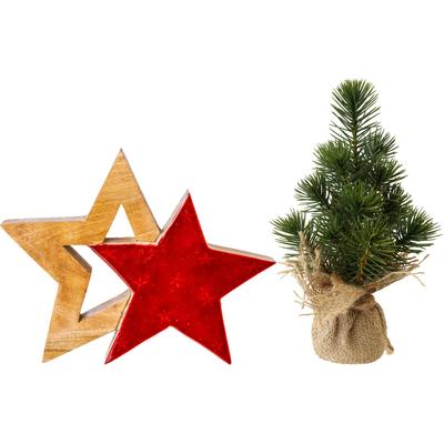 Dekoobjekt CREATIV GREEN "Set aus Kunst-Tannenbäumchen und Deko-Figur", grün (grün, rot), H:25cm, Holzwerkstoff, Kunststoff, Dekofiguren, ideal zum schnellen Dekorieren