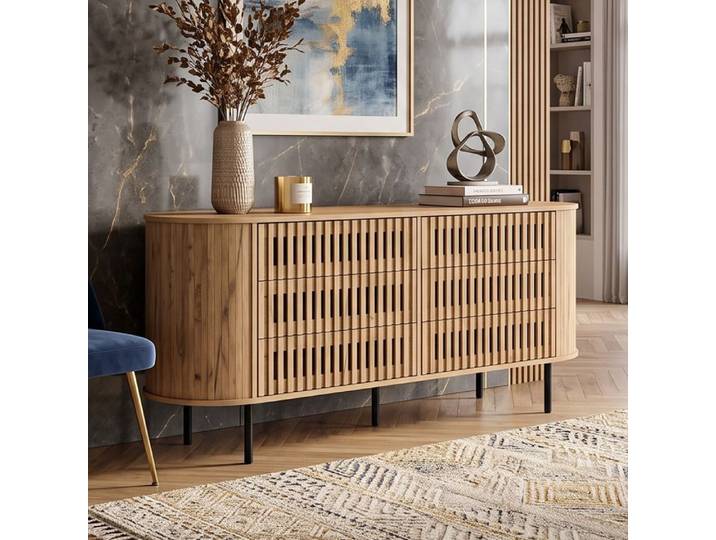 Buffet Enfilade 160x40x70cm Grand Rangement 6 Tiroirs Design Soigné Façades Lattes MDF