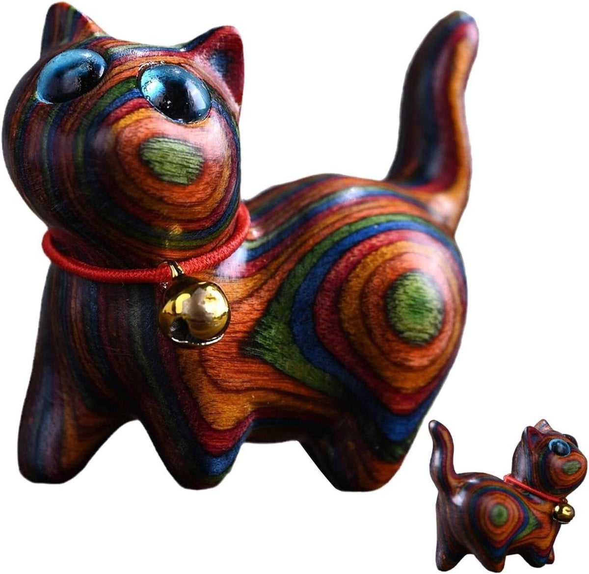 Handgesneden houten kat decoratie beeldje meerkleurig Hoogte: 43 cm