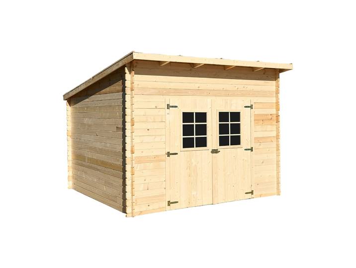 Abri Madriers bois massif / 28 mm / surface extérieur 9,09 m2 / Toit monopente / toiture plaques polycarbonate double peau