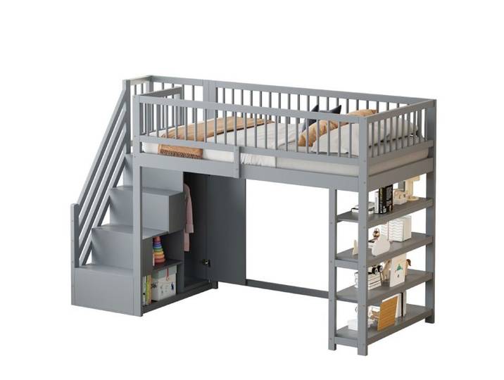 Lit mezzanine 90x200 sécurité haute avec armoire étagères rangement échelle multifonction en bois massif gris - Sans Matelas