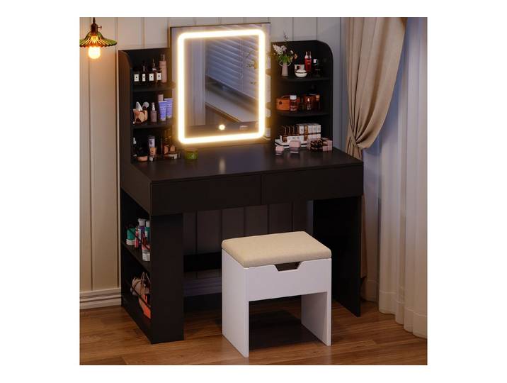 HOMALL Schminktisch Mit LED-Beleuchtung, 90/110*40*135CM, Helligkeit einstellbar (Ausgestattet mit 8 Ablagefächern, 2 Schubladen (2 Seitenfächer links und rechts austauschbar), Farbe und Größe nach Wunsch)