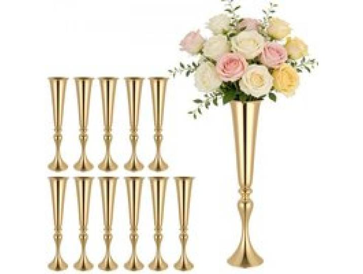 VEVOR 12 Stk. Hochzeitsvasen Tafelaufsatz Blumenvasen für Hochzeit 55 cm Hoch, Metall Tafelaufsatz Vasen mit Blumenständern, Trompete Vase Tischdeko für Hochzeiten Party Jubiläumsfeier Zeremonie, Gold
