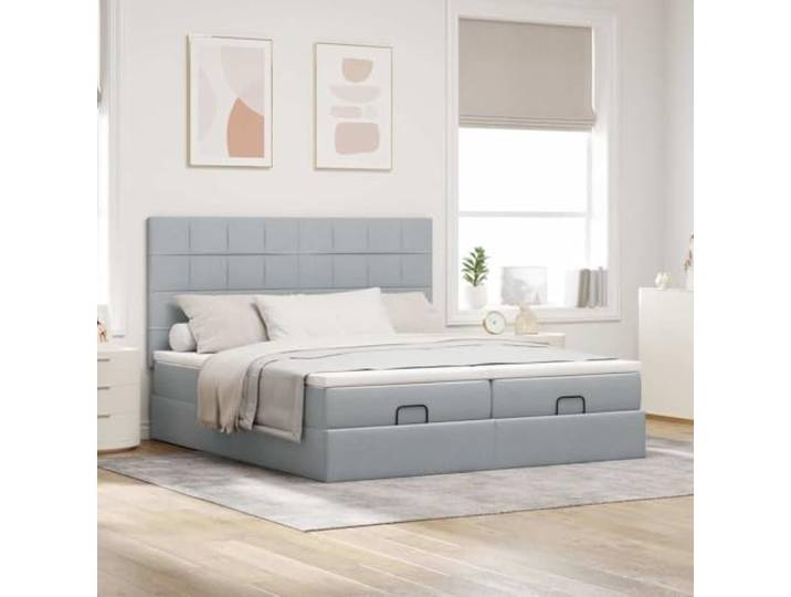 KTHLBRH Pouf Bett mit Matratzen, 180 x 200 cm, Hellgrau Hydraulisches Heben, Stauraum, 2 Federkernmatratzen, 2 Matratzenbezüge