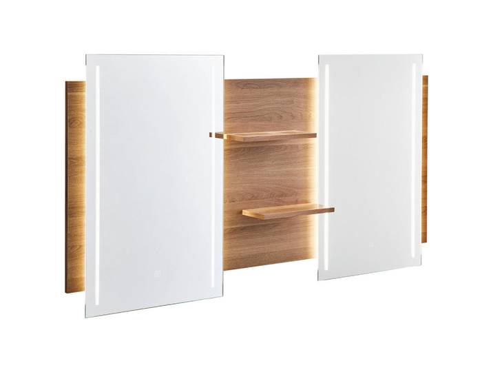 Novel Badezimmerspiegel Nv.073, Eiche, Glas, rechteckig, G, 150x80x14.1 cm, Made in Germany, Ablage, Badezimmer, Badezimmerspiegel, Beleuchtete Spiegel