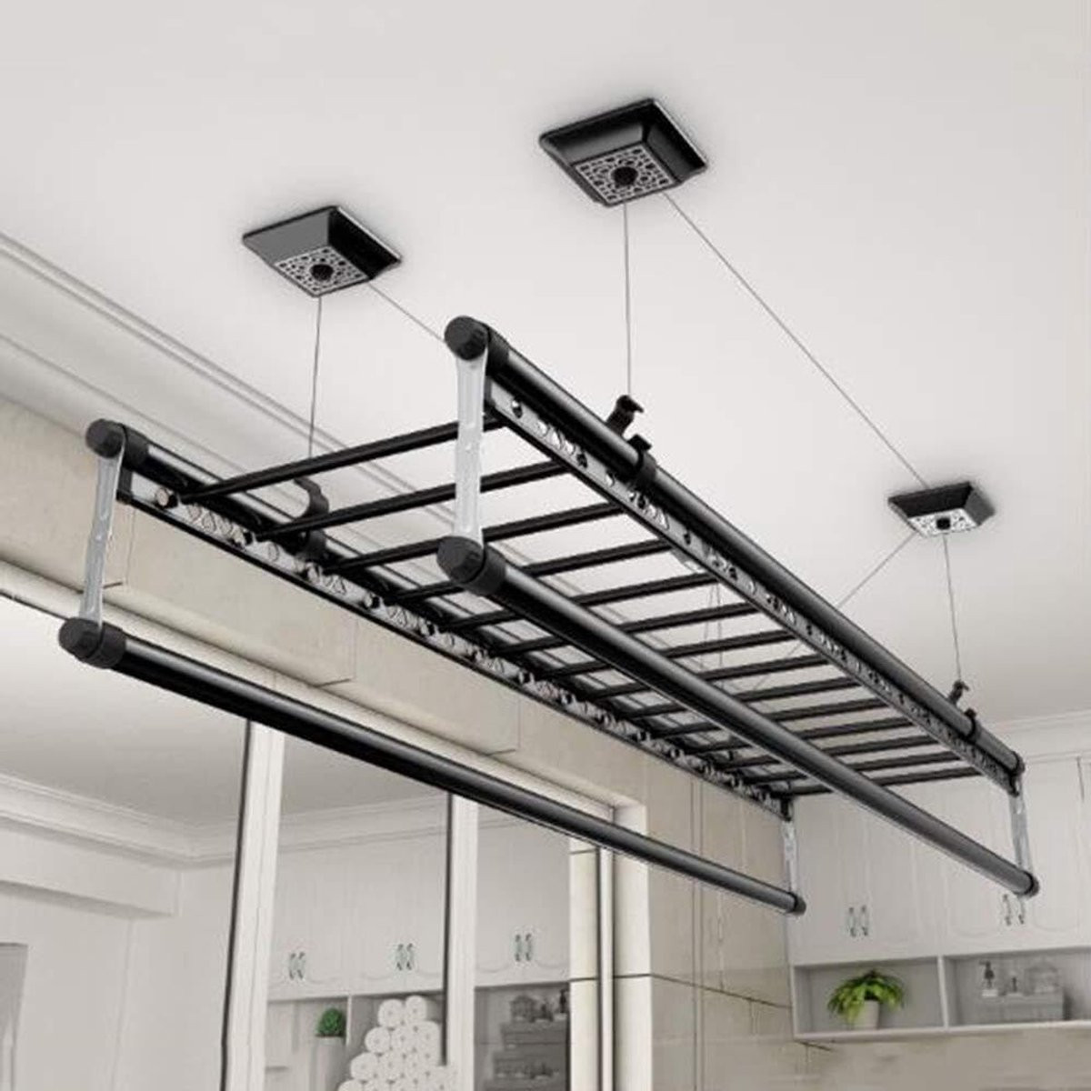 Zwart Plafond Droogrek met Kleding Katrol voor Ruimtebesparend Wassen Drogen, 150 cm