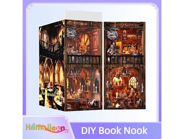 Hamaileon Kit de coin de livre bricolage Puzzle en bois 3D serre-livres pour maison de poupée, étagère de construction de modèles miniatures (tablerne sombre)