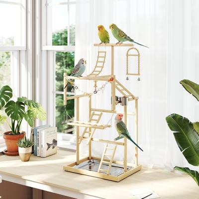 PawHut Bird Playground, 4 Layer Wooden Parrot Play Stand with Ladders, Chain Toy, Stainless Steel Cups and Tray, Bird Cage