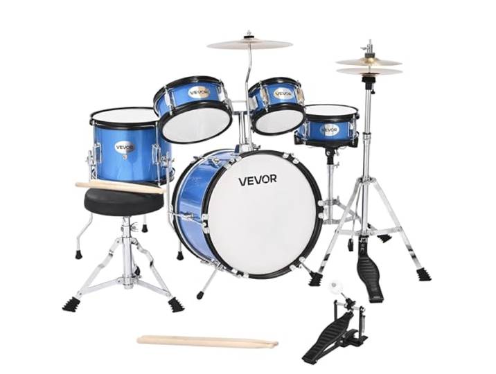 VEVOR Batterie Enfant\, 5 PCS\, Batterie Débutants\, Grosse Caisse 35\,56 cm avec Tom-tom\, Caisse Claire 20\,32 cm Tom Basse 25\,4 cm\, Siège\, Baguettes\, Kit Apprentissage Musical pour Enfants 6-13 ans\, Bleu