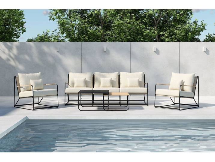 Garten Loungeset Santorini – wetterfest in mediterranem Design mit Kissen - Schwarz-Beige - Luxusbetten24