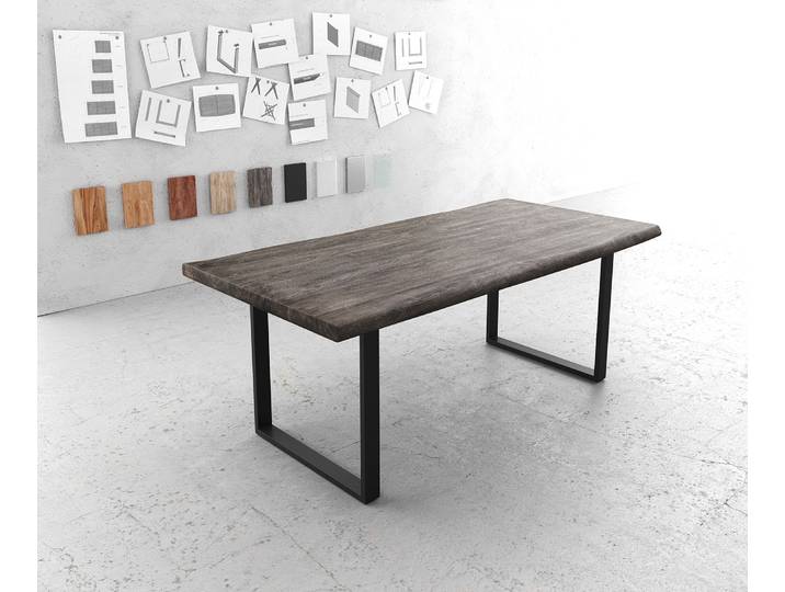 Esstisch Edge 200x100 XL Akazie Platin Metall Schmal schwarz Live-Edge, Esstische, Baumkantenmöbel, Massivholzmöbel, Massivholz