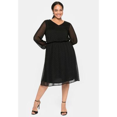 Abendkleid SHEEGO "Abendkleid", Damen, Gr. 44, Normalgrößen, Langarm, schwarz, 100% Polyester, gemustert, unifarben, knielang, V-Ausschnitt, Kleider Abendkleid