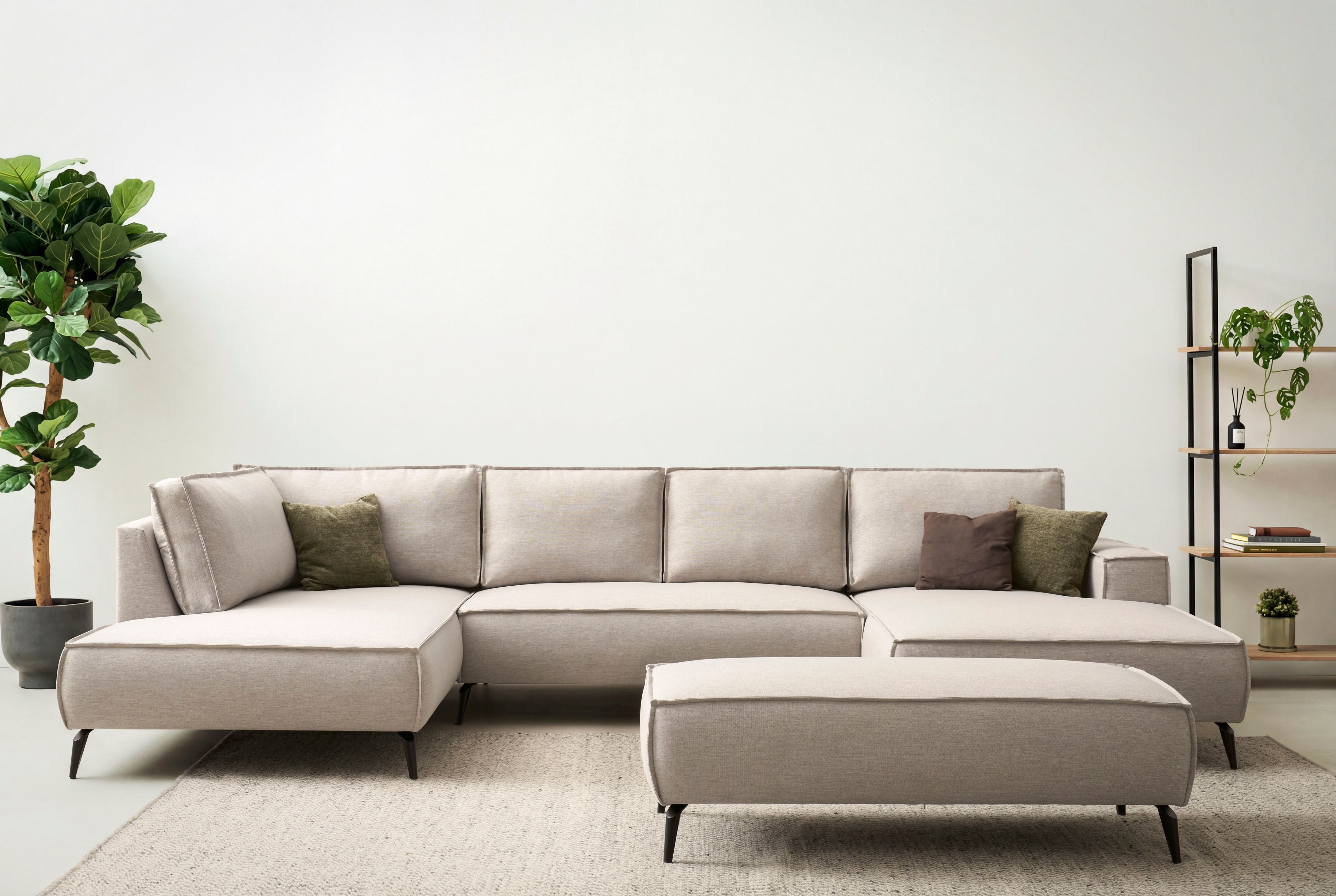 Wohnlandschaft GOODPRODUCT "TVINNU Leinenoptik, 354, mit Hocker", beige (hellbeige), B:360cm H:83cm T:193cm, Sofas, Wohnlandschaft, Recamiere rechts/links, stellbar zum Schlafsofa (Krokodilverbinder) hellbeige B/H/T: 360cm x 83cm x 193cm, Flachgewebe LEIN