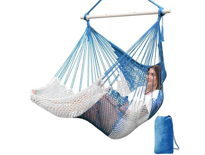 Hängesessel Handgestricktes Netz Baumwollseil Blau/Weiß 240x80cm