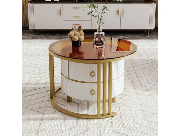 Table basse ronde 2 en 1 en MDF table d'appoint avec 1 plateau blanc et 1 plateau marron en verre trempé combinaison de tables bas