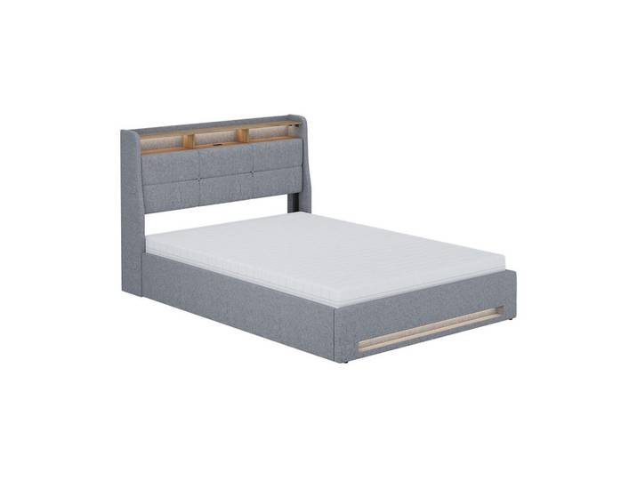 VitaliSpa Polsterbett Christin Grau/Eiche 140x200 mit Matratze, LED und USB-Anschluss, Grau, Eichefarben, Holzwerkstoff, Rechteckig, Schlafzimmer, Bett