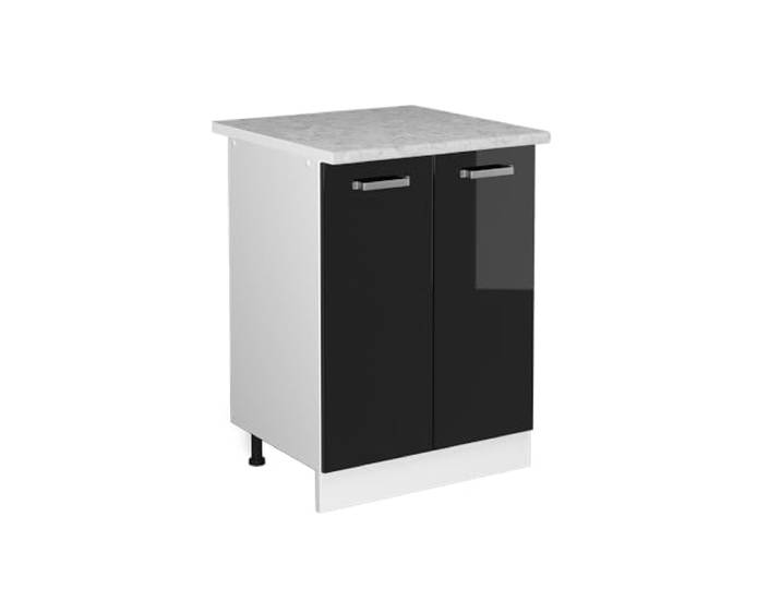 Vicco Küchenunterschrank R-Line, Schwarz Hochglanz, 60 cm 2 Türen · Arbeitsplatte Marmor · Höhenverst. Füße · Metallgriffe · Frei kombinierbar