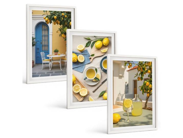 BILDER SET 3er Set - 40x60 cm Weißer Rahmen - Zitronenlimonade blaue Tür