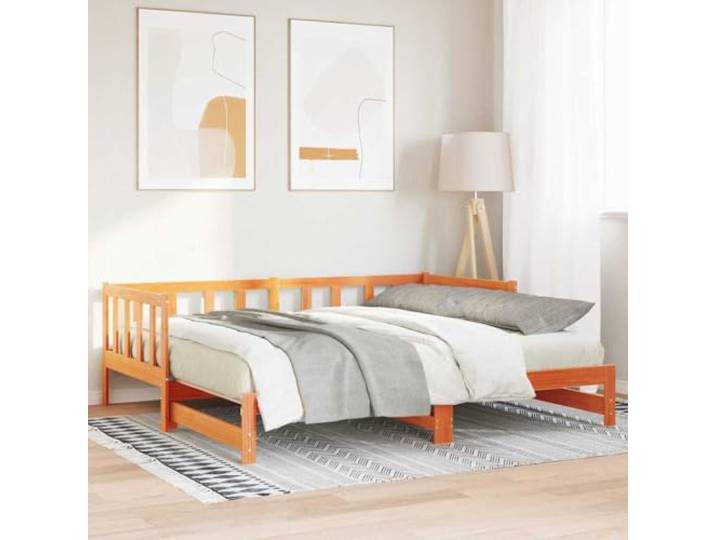 Massivholz Kiefer Ausziehbares Design Moderne Rechteckform 193 5 x 184 x 66 Ausziehbares Tagesbett Wachsbraun Massivholz Kiefer 193,5x184x66 cm Schlafsofa Gästebett mit Lattenrost