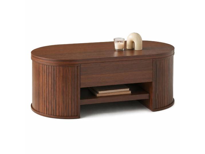 Stilvora Couchtisch in Nussbaumfarben Wohnzimmertisch mit anhebbarer Tischplatte und ausziehbarem Regal, B110/T55.5/H40cm, Metall, Oval,Oval, 110x55x55.5 cm, Wohnzimmer, Wohnzimmertische, Couchtische
