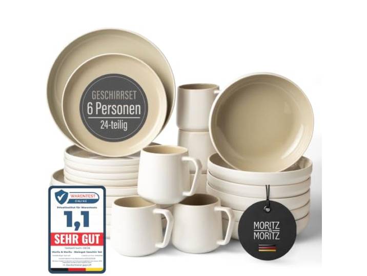 Moritz & Moritz Steingut Geschirrset 6 Personen mit Tassen 24-tlg. - Modernes Tafelservice in der Farbe Sand - Pflegeleichtes Kombiservice mit Teller Set, Schüsseln & Tassen - Serie Cavo