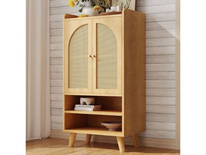 MEULVA Buffet haut 2 portes à effet rotin 2 niches ouvertes rangement en bois naturel 60 x 40 x 121 cm