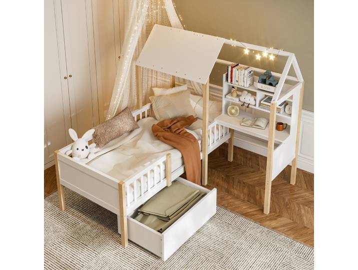 Lit enfant 90x200 cm avec base à lattes de sécurité - Bureau en forme de L, bibliothèque, tiroirs roulants Lit cabine multifonctionnel en bois massif